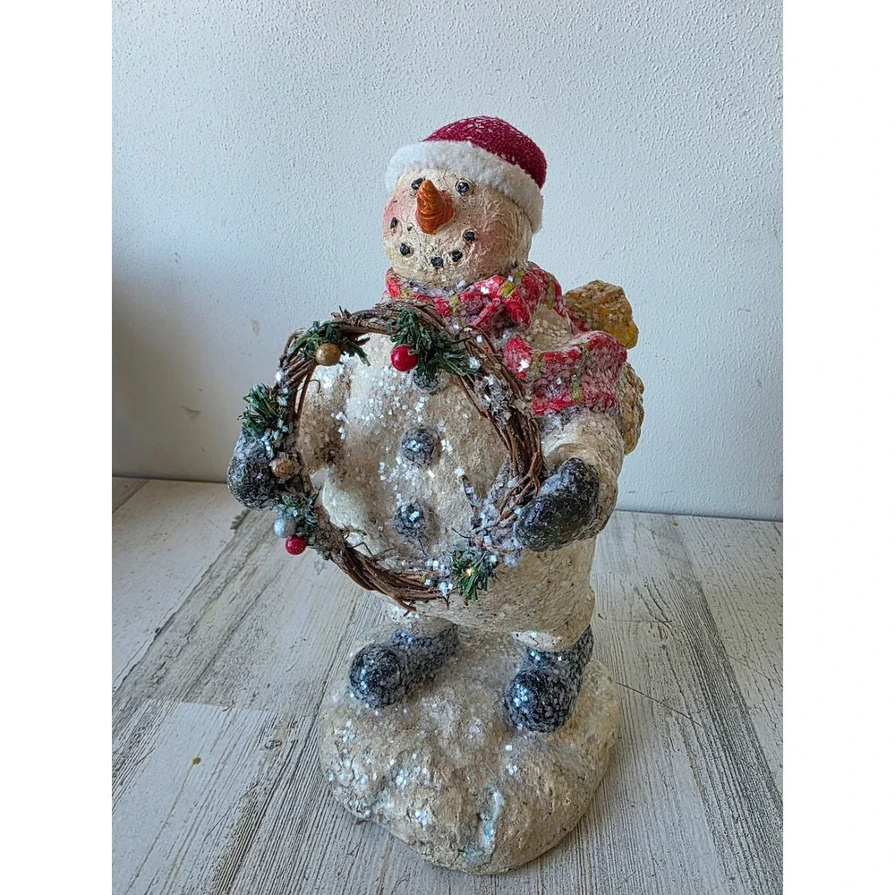 Vintage glitter snowman wreath statue figurine sparkle Xmas decor‎ hat